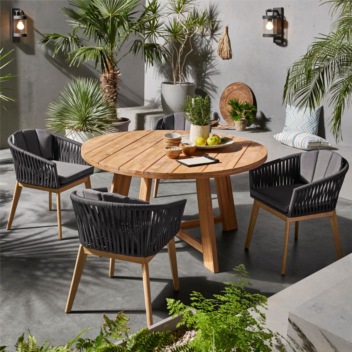 Outdoor-Stuhl Rope, Gartenstuhl, mit Seilbespannung, inkl. Sitzkissen,  modern, Holz, Polyester