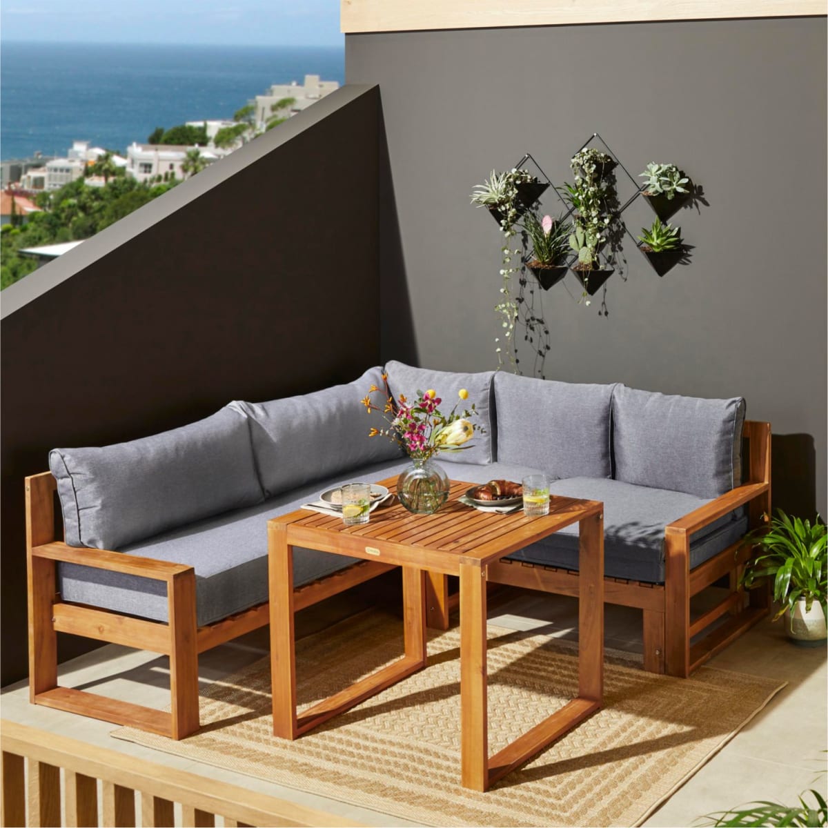outdoor-möbel set gomera, tisch & eckbank mit ausziehbarem fußteil, inkl.  auflagen, natur-look, holz