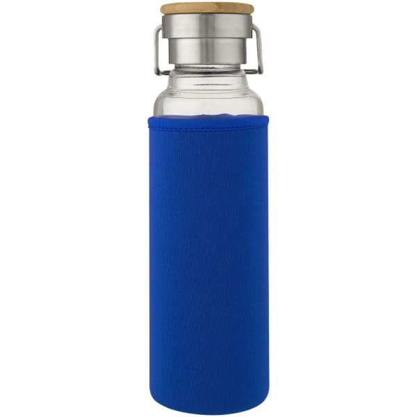 Glasflasche-mit-Neoprenhülle-Thor-Blau-Borosilikatglas-Neopren-Bambusholz-Frontansicht-3