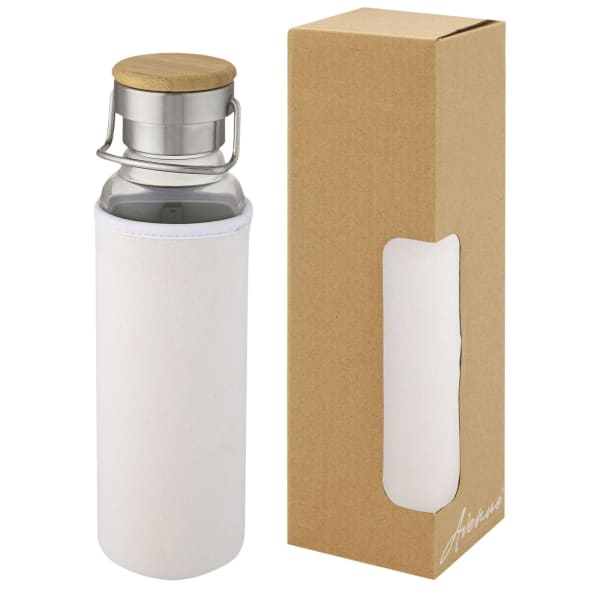 Glasflasche-mit-Neoprenhülle-Thor-Weiß-Borosilikatglas-Neopren-Bambusholz-Frontansicht-1