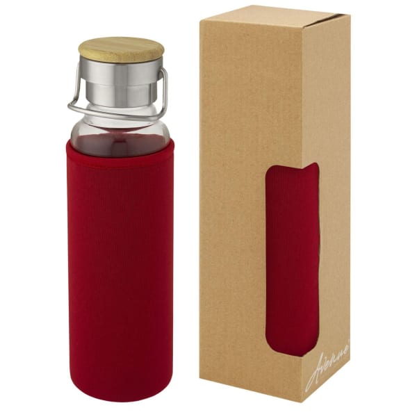 Glasflasche-mit-Neoprenhülle-Thor-Rot-Borosilikatglas-Neopren-Bambusholz-Frontansicht-1