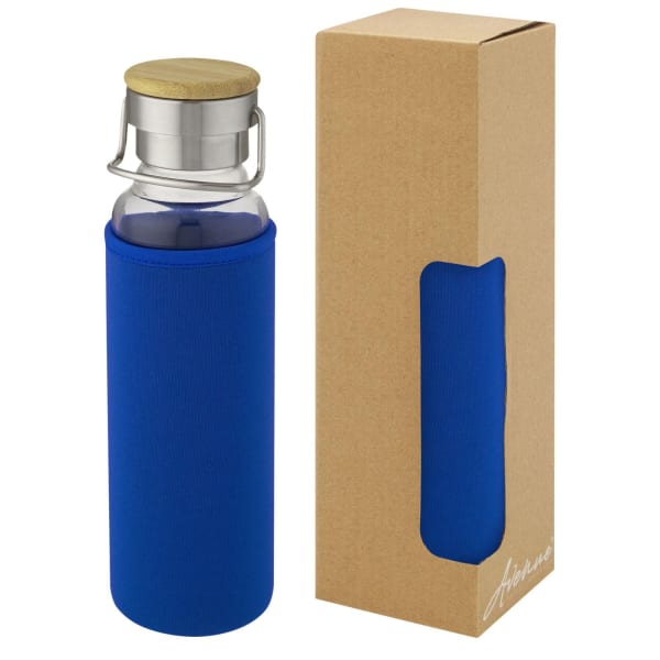 Glasflasche-mit-Neoprenhülle-Thor-Blau-Borosilikatglas-Neopren-Bambusholz-Frontansicht-1