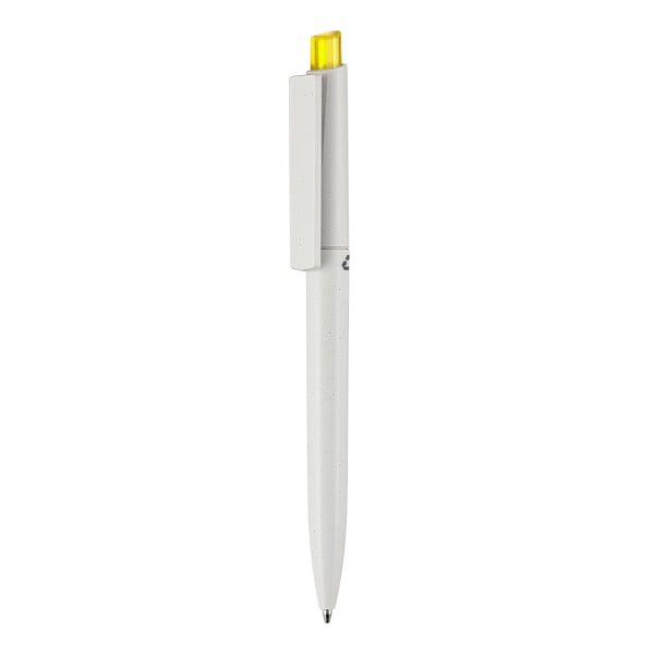 Kugelschreiber-Crest-Recycled-Grey-blau-dokumentenecht-Kunststoffgroßraummine-Gelb-recycelter-Kunststoff-Frontansicht-1