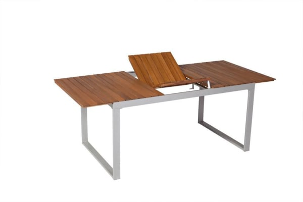 Outdoor-Möbelset-7tlg.-Tisch-150-(200)-x-90-Siena-Aluminium-Akazie-Textil-Frontansicht-6
