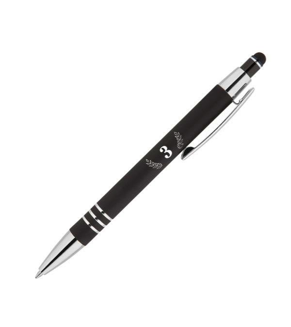 Celena-Kugelschreiber-aus-Metall-mit-Stylus-3.-Jubiläum-Logo-Schwarz-Frontansicht-1