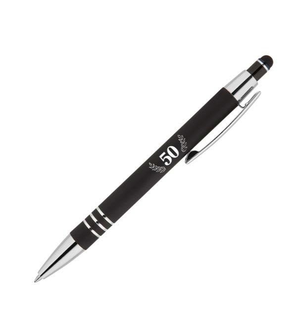 Celena-Kugelschreiber-aus-Metall-mit-Stylus-50.-Jubiläum-Logo-Schwarz-Frontansicht-1