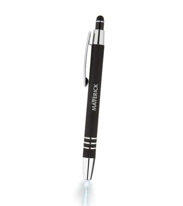 Celena-Soft-Touch-Kugelschreiber-aus-Metall-mit-Stylus-&-beleuchteter-Spitze-Schwarz-Frontansicht-1