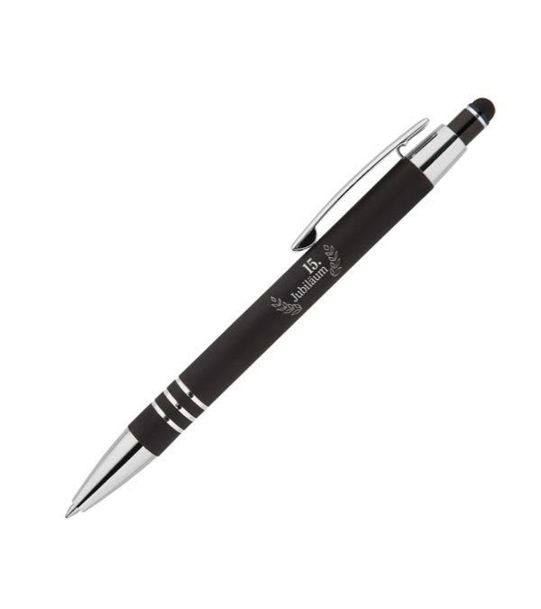 Celena-Kugelschreiber-aus-Metall-mit-Stylus-15.-Jubiläum-Logo-bedruckbar-Schwarz-Frontansicht-1