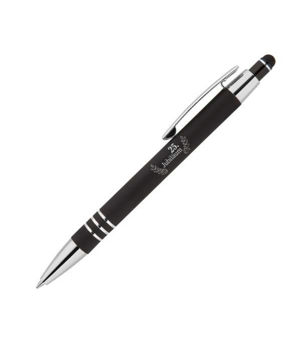 Celena-Kugelschreiber-aus-Metall-mit-Stylus-25.-Jubiläum-Logo-bedruckbar-Schwarz-Frontansicht-1