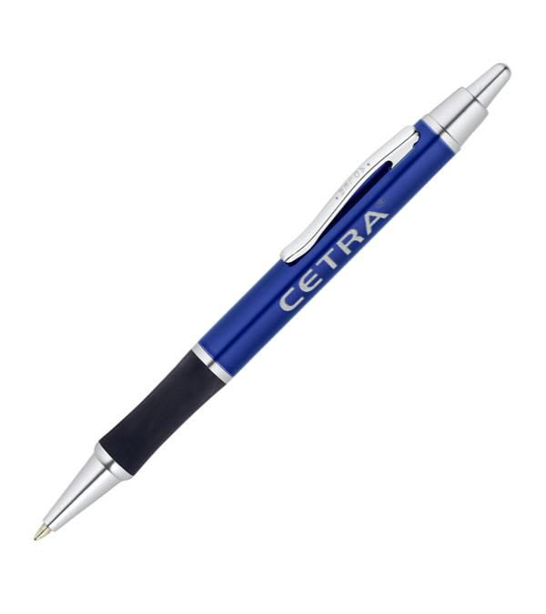 Coronado-hochwertiger-Kugelschreiber-aus-Metall-mit-gummiertem-Griff-Blau-Frontansicht-1