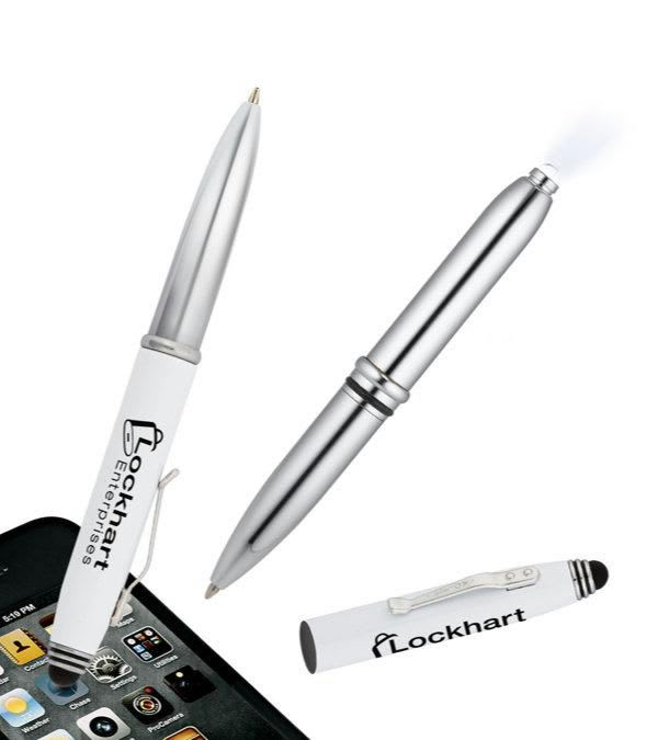 Crowne-hochwertiger-Kugelschreiber-aus-Metall-mit-Licht-Stylus-Weiß-Frontansicht-1