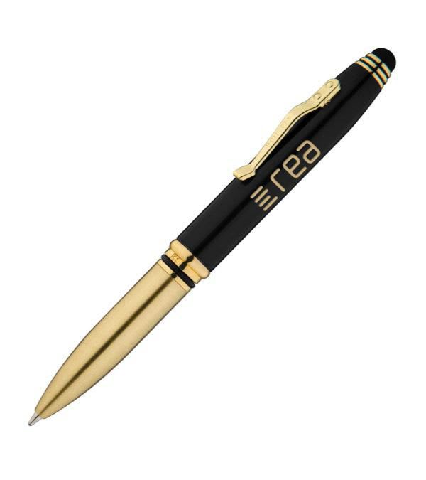 Crowne-hochwertiger-Kugelschreiber-antimikrobiell-aus-Metall-mit-Licht-&-Stylus-Schwarz-Frontansicht-1