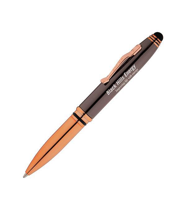 Crowne-hochwertiger-Kugelschreiber-aus-Metall-mit-Licht-Stylus-&-Kupferakzenten-Frontansicht-1