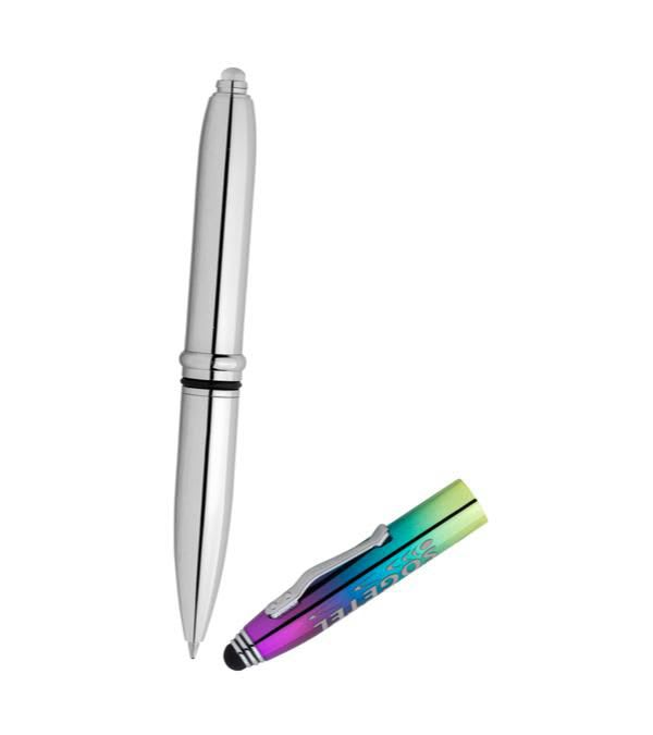 Crowne-hochwertiger-Kugelschreiber-schillernd-aus-Metall-mit-Licht-&-Stylus-Frontansicht-1