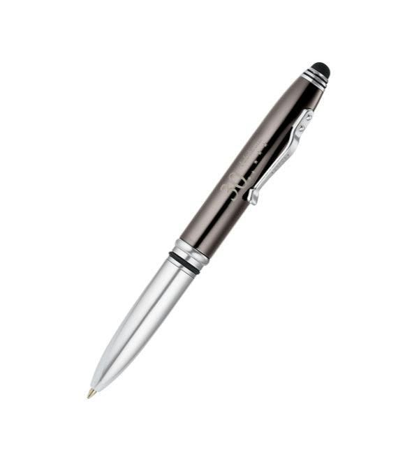 Crowne-3-Funktionen-hochwertiger-Kugelschreiber-aus-Metall-mit-Stylus-&-Licht-30.-Jubiläum-Sterne-Logo-bedruckbar-Frontansicht-1
