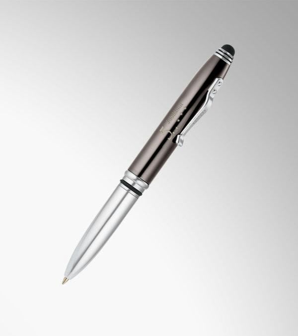 Crowne-3-Funktionen-hochwertiger-Kugelschreiber-aus-Metall-mit-Licht-&-Stylus-5.-Jubiläum-Logo-Frontansicht-1