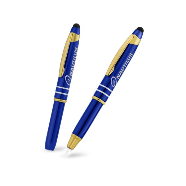 Lexi-hochwertiger-Kugelschreiber-aus-Metall-mit-Licht-&-Stylus-Blau-Frontansicht-1