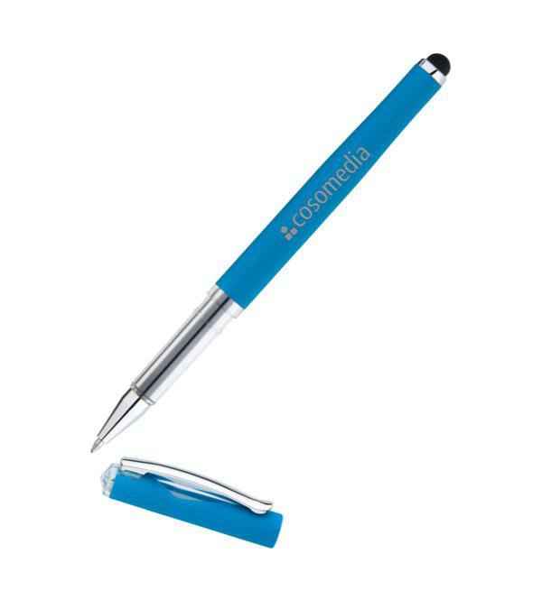 Maximus-Soft-Touch-Kugelschreiber-aus-Metall-mit-Gel-Tinte-&-Stylus-bedruckbar-Blau-Frontansicht-1