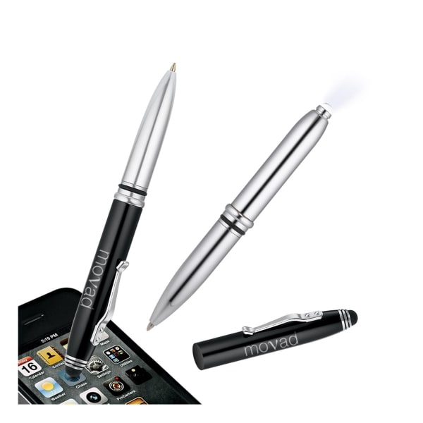 Crowne-3-Funktionen-hochwertiger-Kugelschreiber-aus-Metall-mit-Licht-&-Stylus-Schwarz-Frontansicht-1