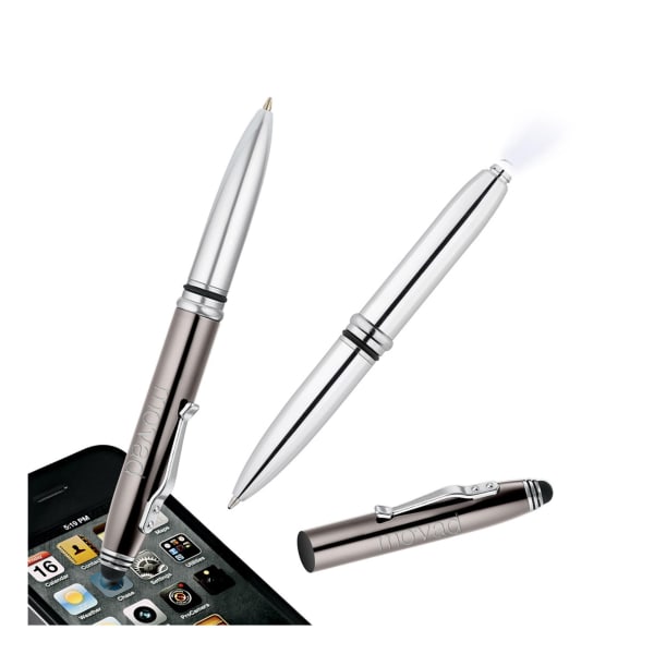 Crowne-3-Funktionen-hochwertiger-Kugelschreiber-aus-Metall-mit-Licht-&-Stylus-Frontansicht-1