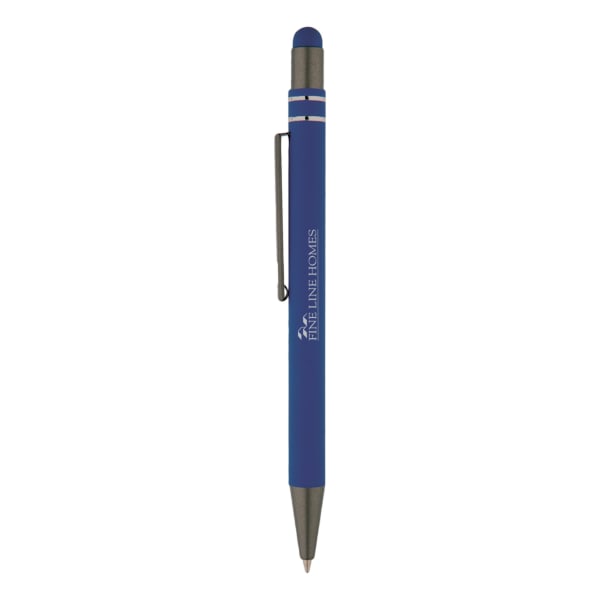 Editor-Soft-Touch-Kugelschreiber-aus-Metall-mit-Stylus-bedruckbar-Blau-Frontansicht-1